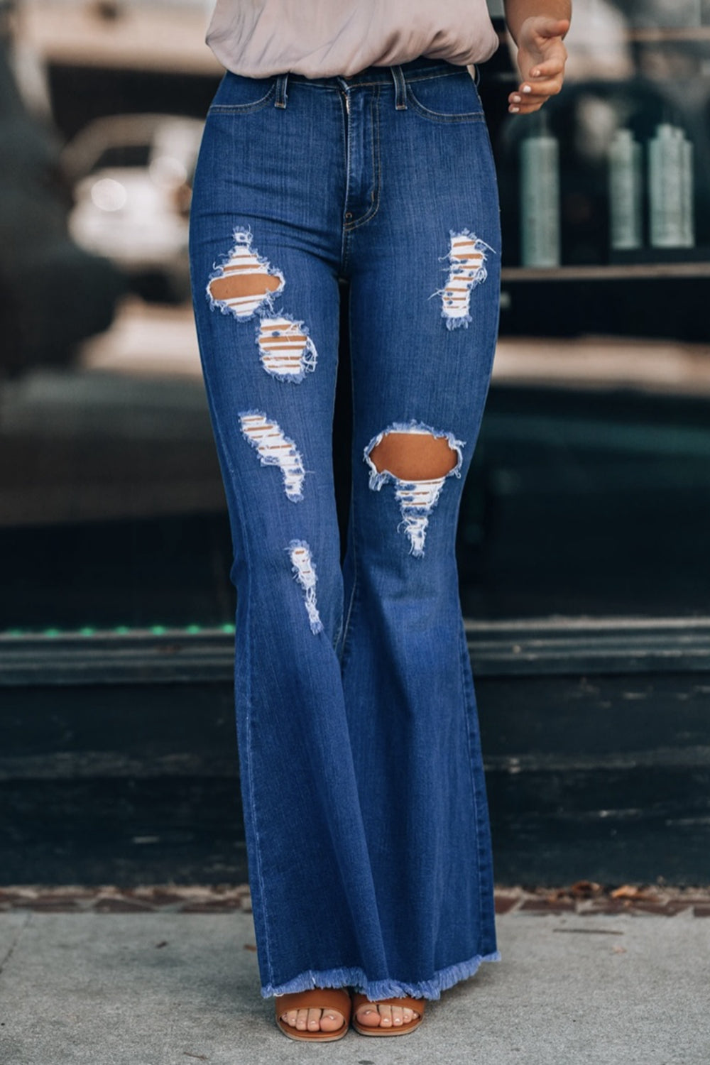 Distressed Raw Hem Flare Jeans-Teresa&#39;s Fashionista LLC