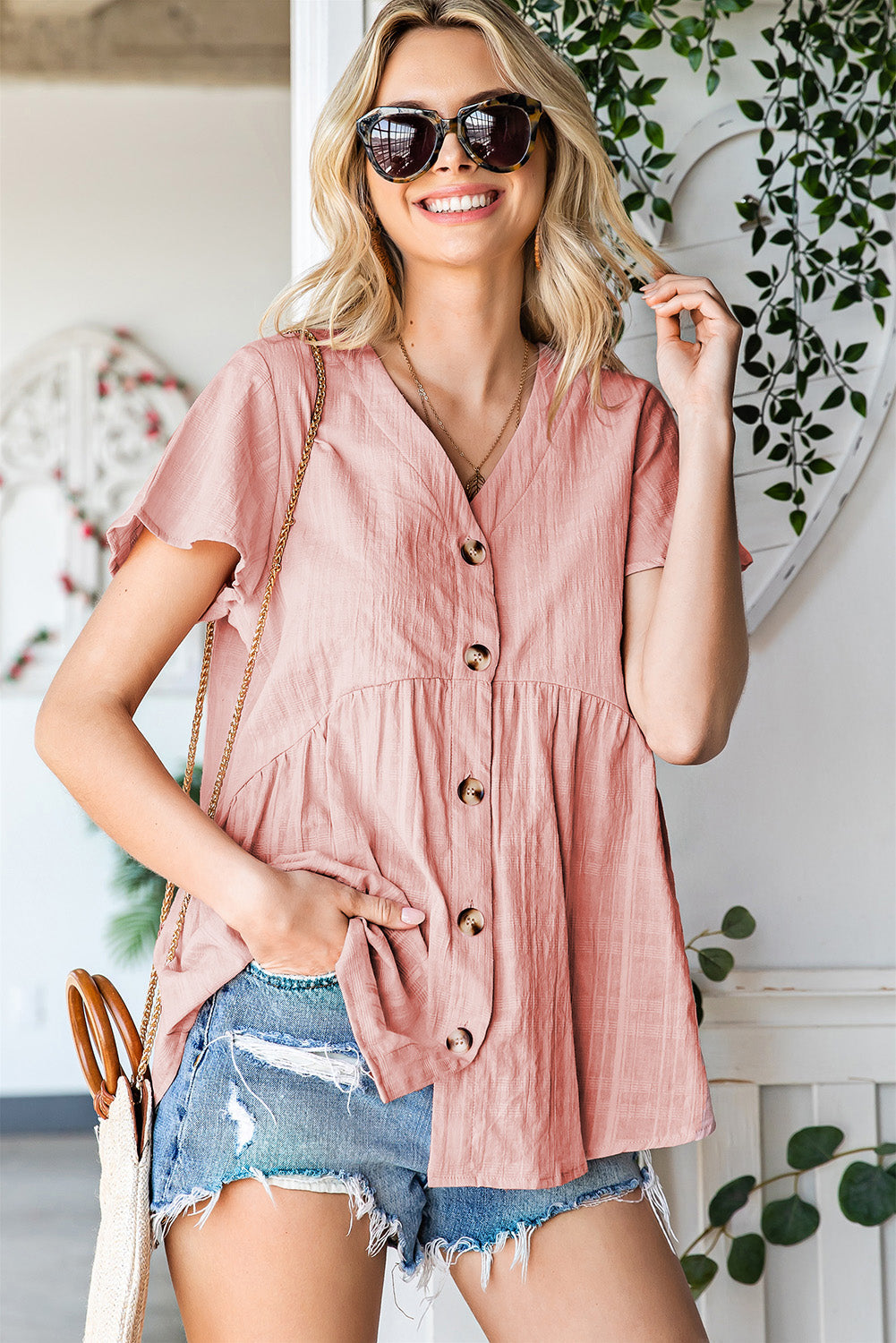 Button Down V-Neck Short Sleeve Shirt-Teresa&#39;s Fashionista LLC