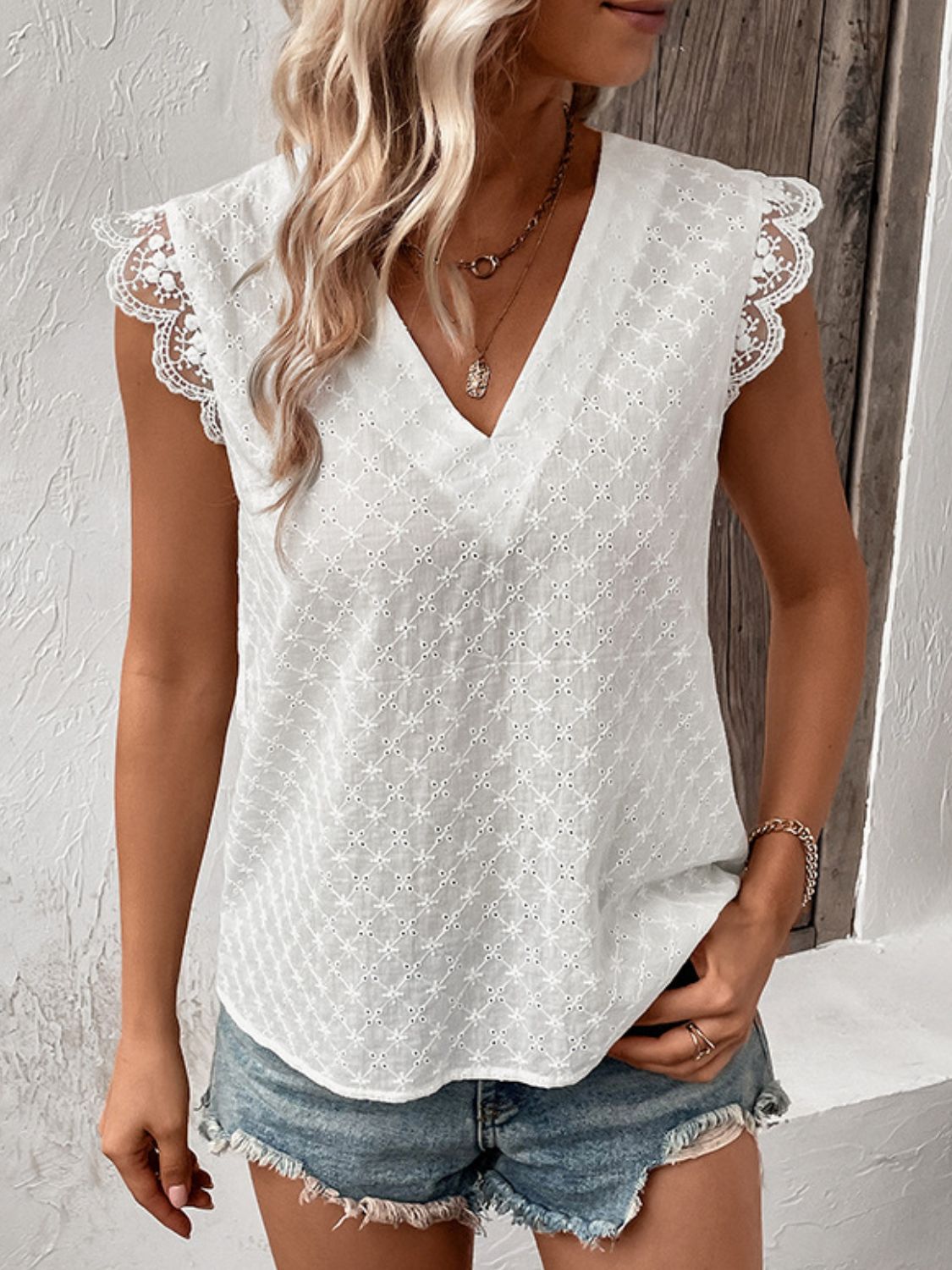 V-Neck Cap Sleeve Spliced Lace Top-Teresa&#39;s Fashionista LLC