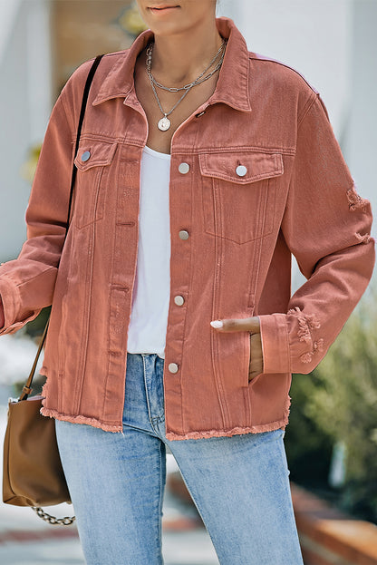 Distressed Raw Hem Denim Jacket-Teresa&#39;s Fashionista LLC