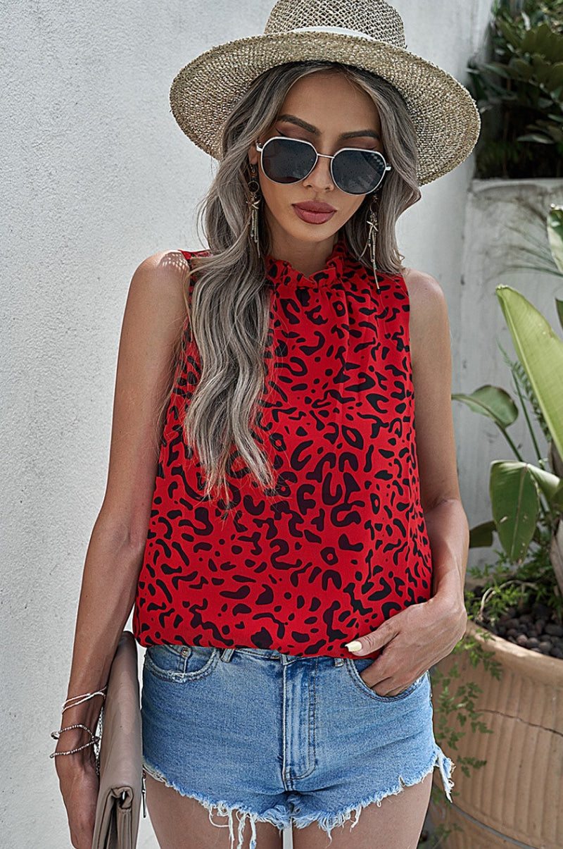 Leopard Print Ruffled Neck Tank Top-Teresa&#39;s Fashionista LLC