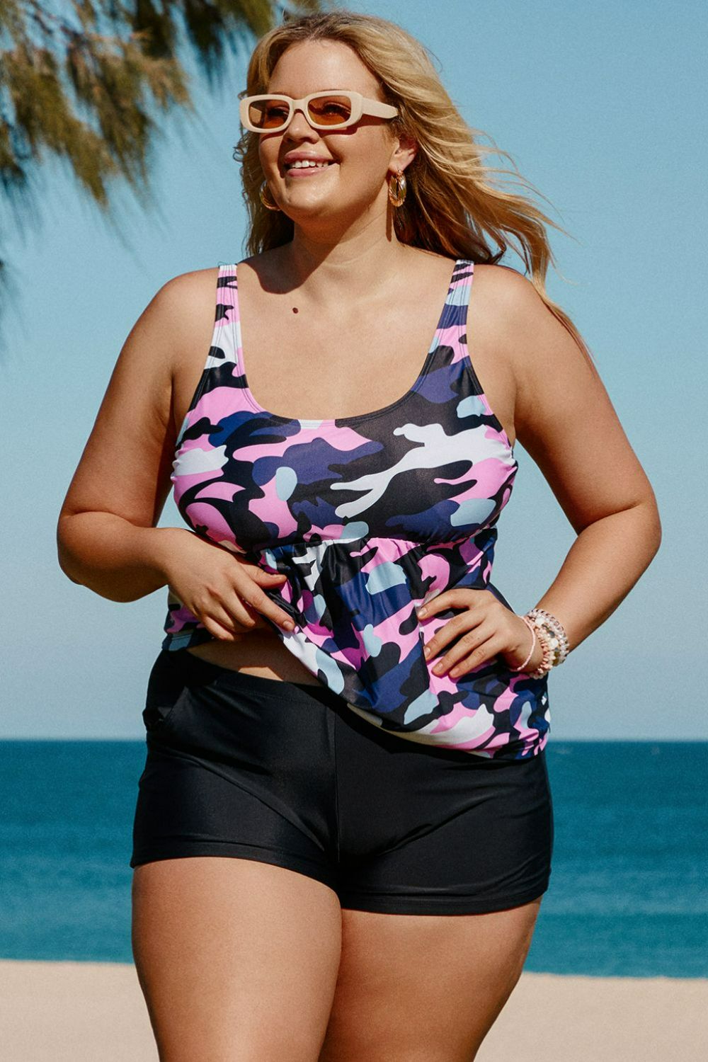 Plus Size Camouflage Peplum Two-Piece Tankini Set-Teresa&#39;s Fashionista LLC