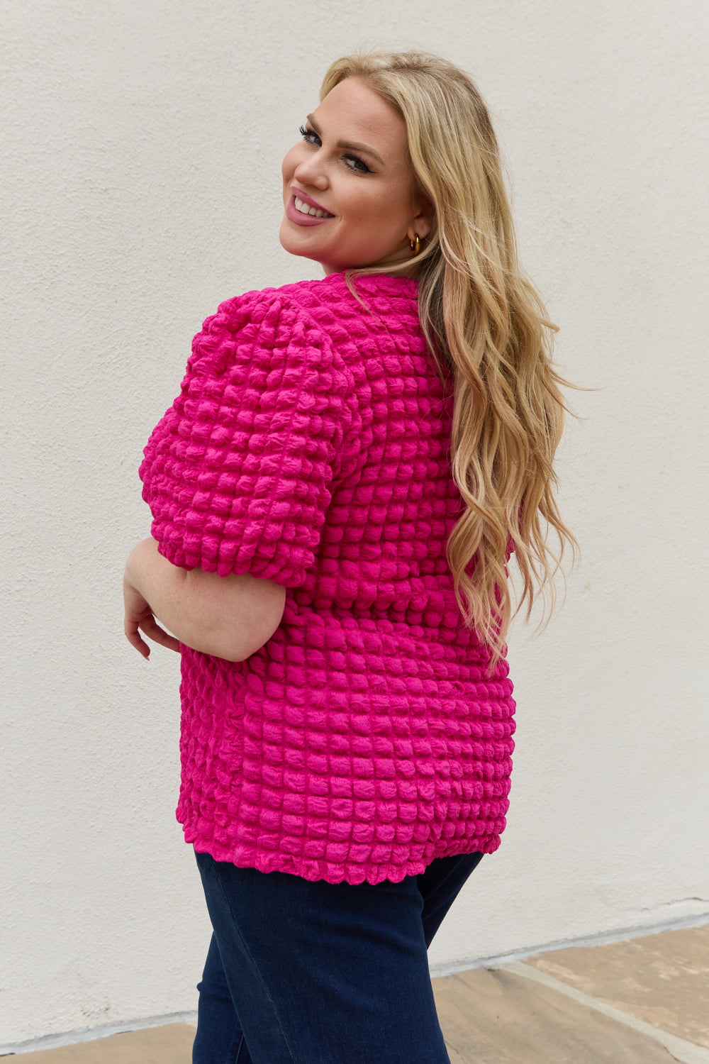 And The Why Full Size Bubble textured Puff Sleeve Top-Teresa&#39;s Fashionista LLC