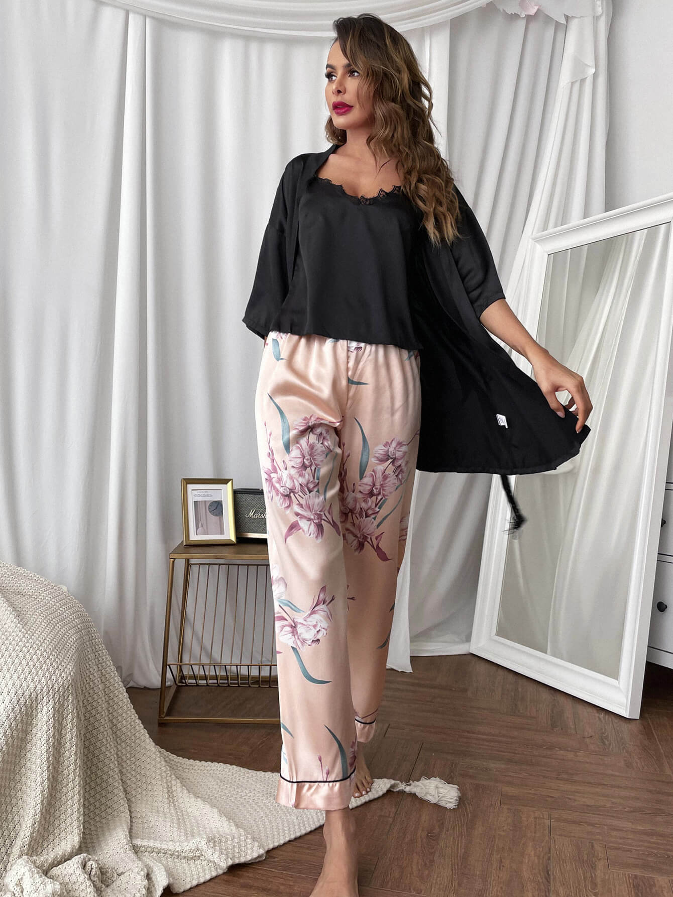 Cami, Robe, and Printed Pants Pajama Set-Teresa&#39;s Fashionista LLC