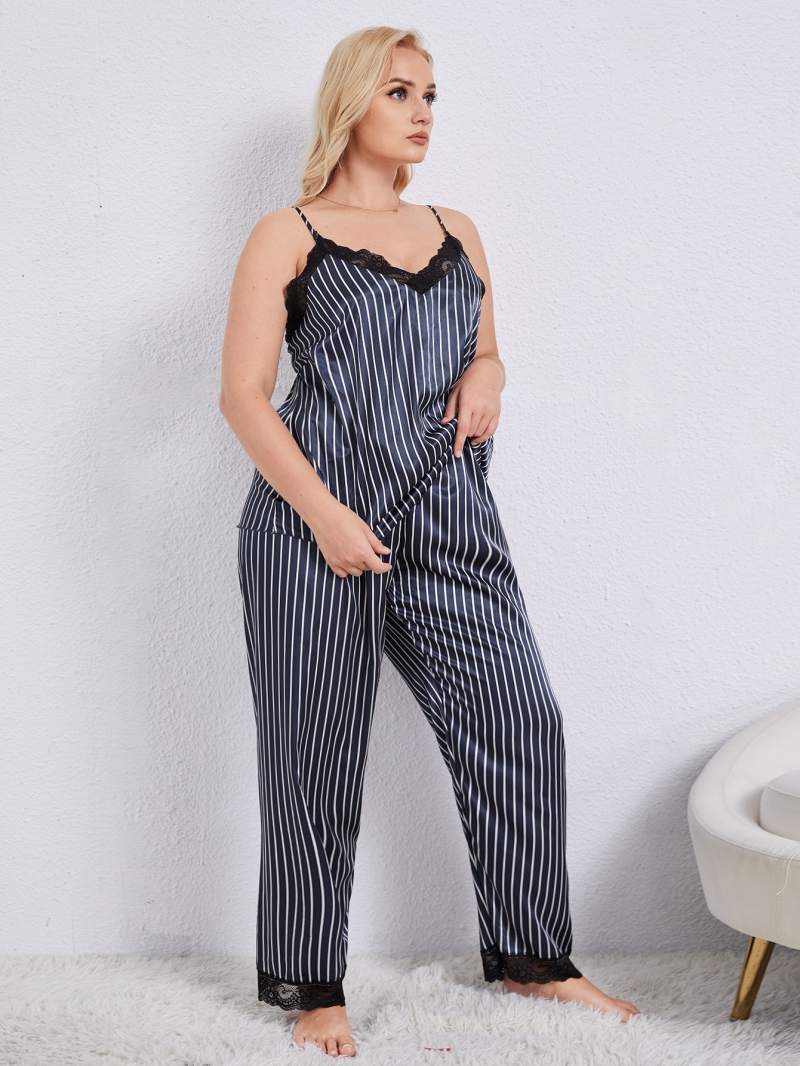 Plus Size Vertical Stripe Lace Trim Cami and Pants Pajama Set-Teresa&#39;s Fashionista LLC