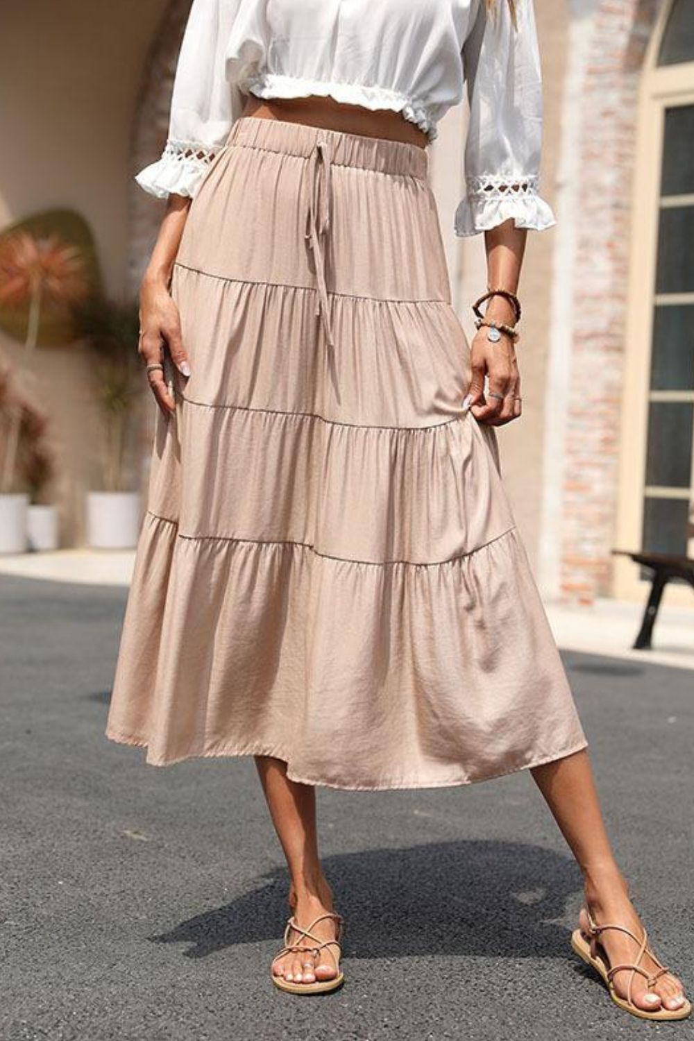 Elastic Waist Tiered Midi Skirt-Teresa&#39;s Fashionista LLC