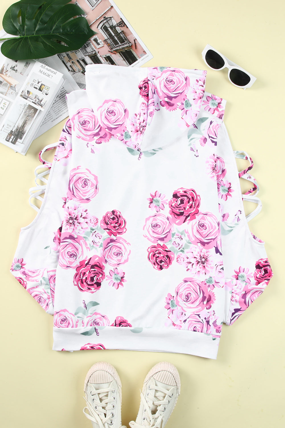 Floral Crisscross Drawstring Hoodie-Teresa&#39;s Fashionista LLC