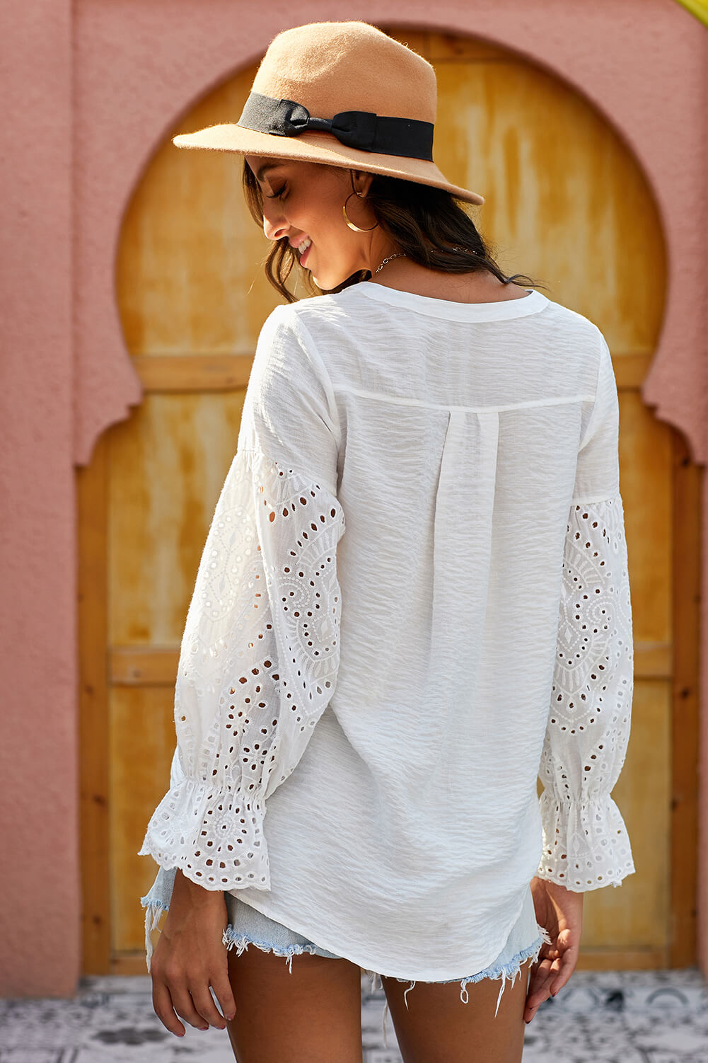 Eyelet Button Front Notched Neck Blouse-Teresa&#39;s Fashionista LLC