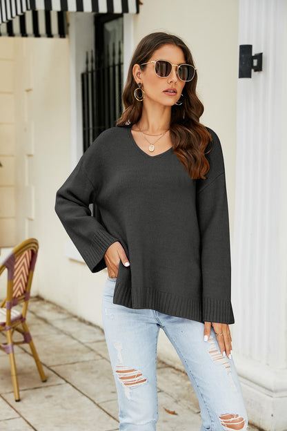 Drop Shoulder V-Neck Knit Pullover-Teresa&#39;s Fashionista LLC