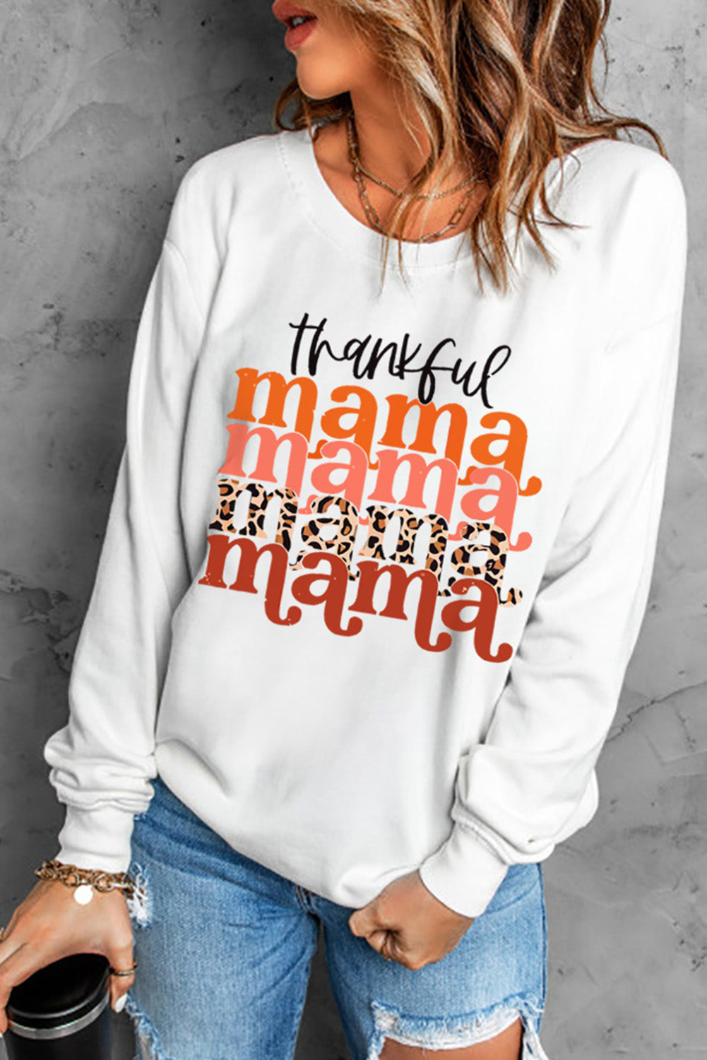 THANKFUL MAMA Graphic Dropped Shoulder Round Neck Sweatshirt-Teresa&#39;s Fashionista LLC