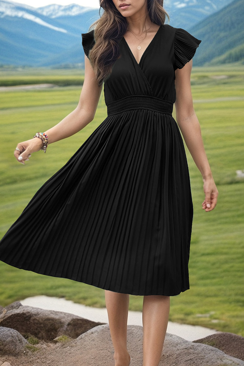 Tied Smocked Waist Flutter Sleeve Dress-Teresa&#39;s Fashionista LLC