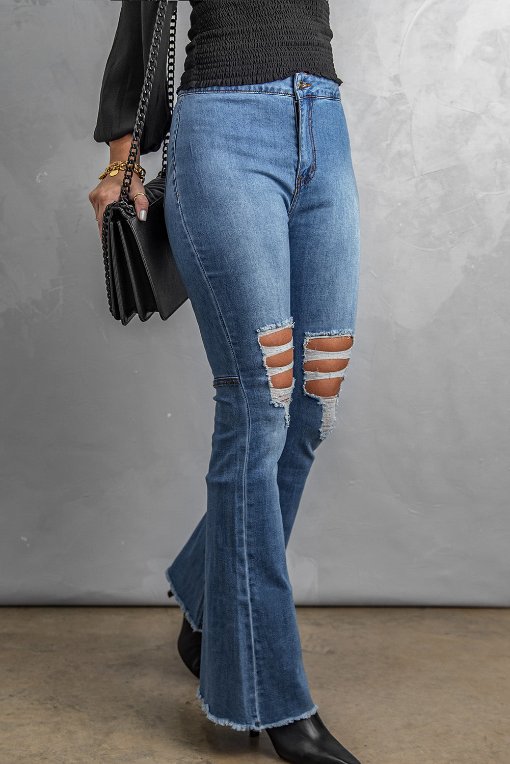 Distressed Raw Hem High-Waist Flare Jeans-Teresa&#39;s Fashionista LLC