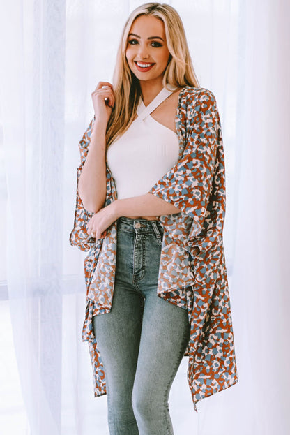 Printed Open Front Three-Quarter Sleeve Cover Up-Teresa&#39;s Fashionista LLC