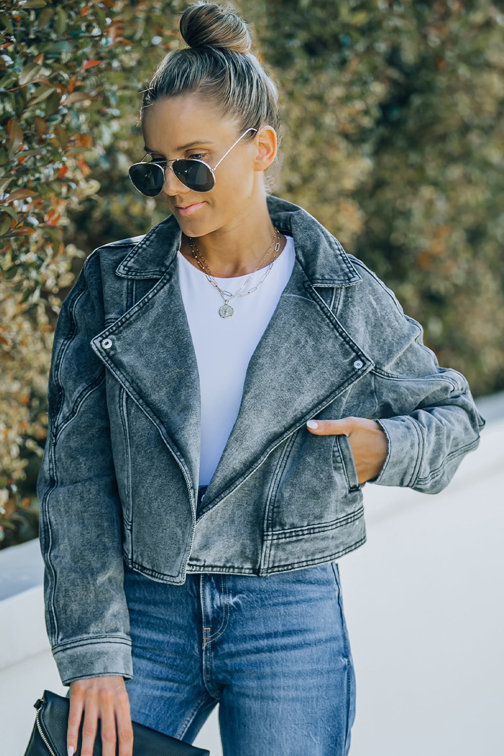 Acid Wash Lapel Collar Cropped Denim Jacket-Teresa&#39;s Fashionista LLC