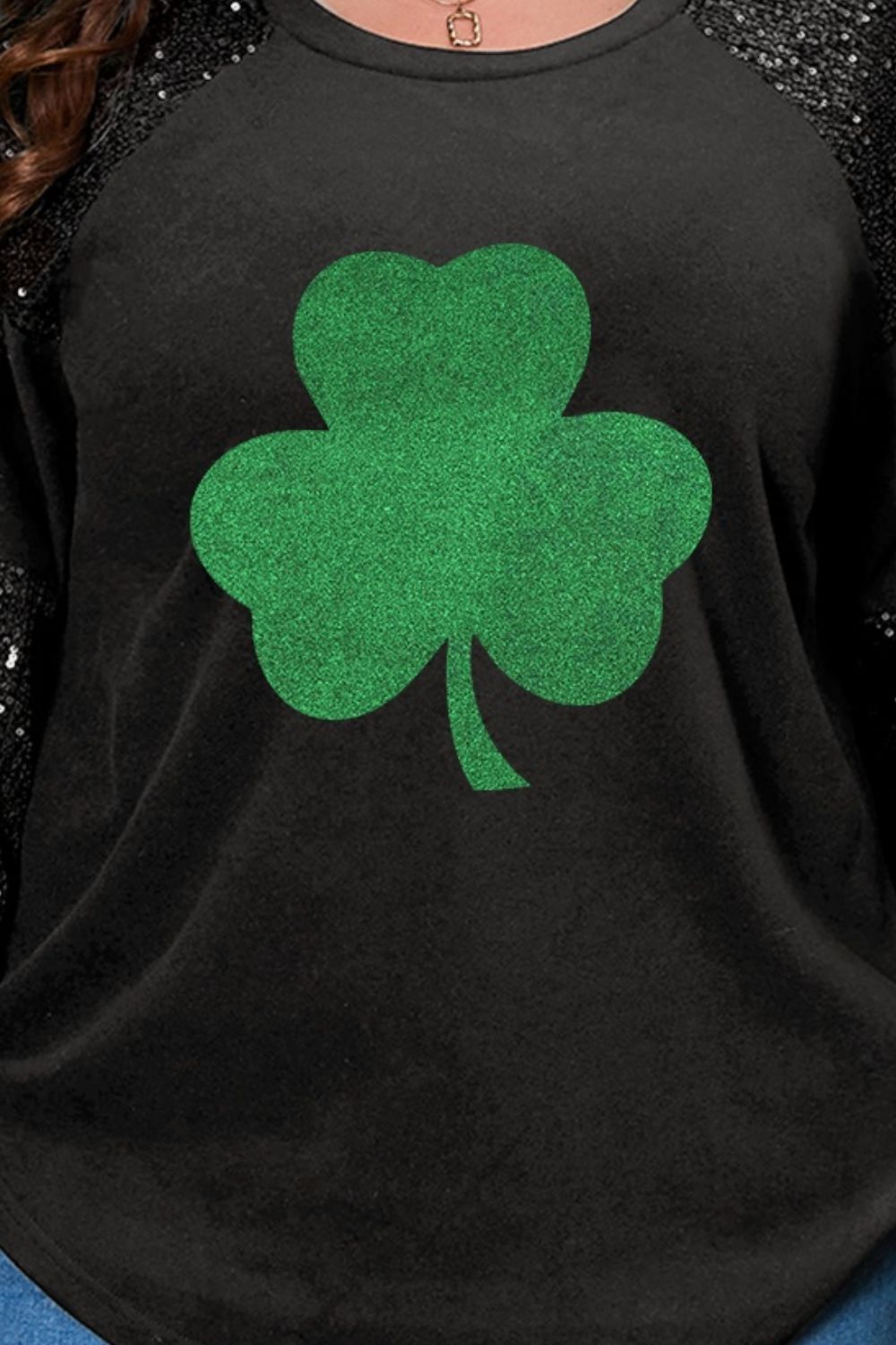 Plus Size Lucky Clover Sequin Round Neck Blouse-Teresa&#39;s Fashionista LLC