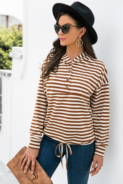 Striped Half-Button Dropped Shoulder Hoodie-Teresa&#39;s Fashionista LLC