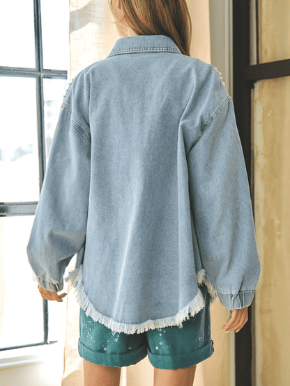 Collared Neck Raw Hem Dropped Shoulder Denim Jacket-Teresa&#39;s Fashionista LLC