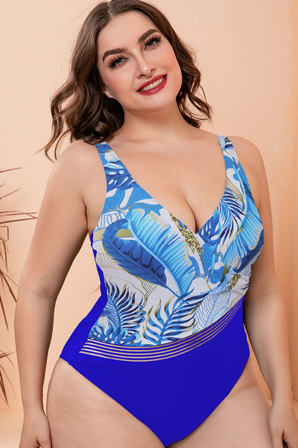 Full Size Two-Tone Plunge One-Piece Swimsuit-Teresa&#39;s Fashionista LLC