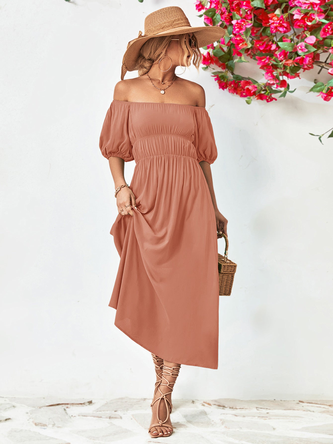 Off-Shoulder Balloon Sleeve Midi Dress-Teresa&#39;s Fashionista LLC