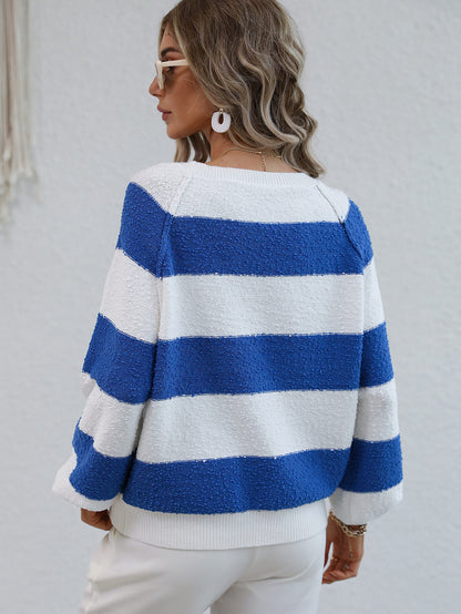 Striped Raglan Sleeve Ribbed Trim Knit Top-Teresa&#39;s Fashionista LLC