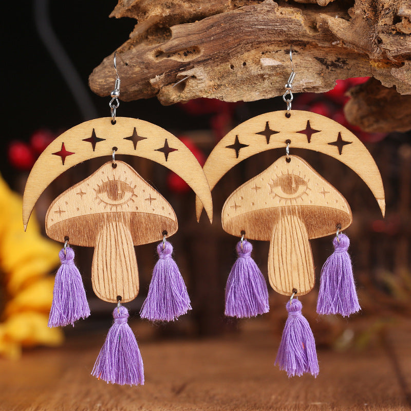 Moon & Mushroom Tassel Detail Dangle Earrings-Teresa&#39;s Fashionista LLC