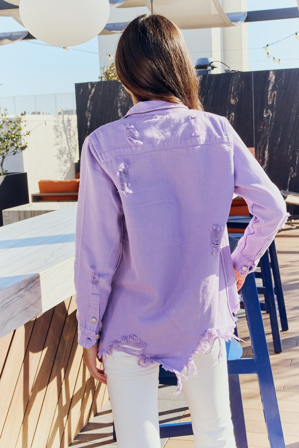 American Bazi Full Size Distressed Button Down Denim Jacket in Lavender-Teresa&#39;s Fashionista LLC