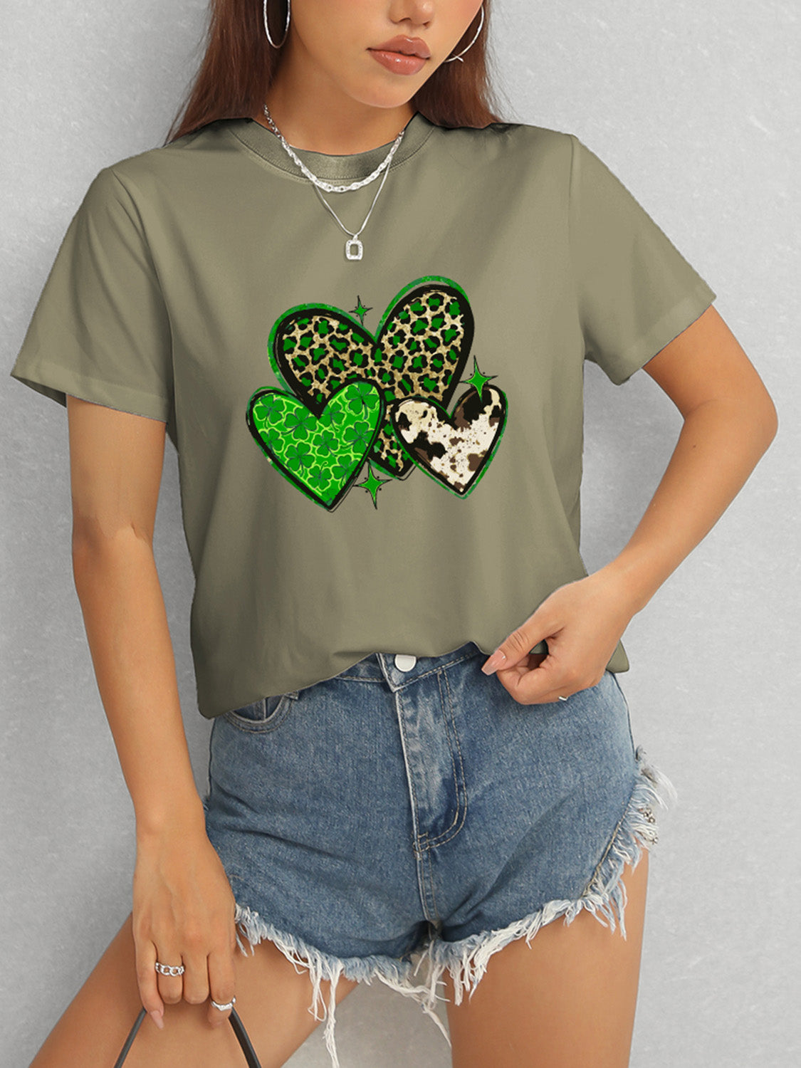 Heart Round Neck Short Sleeve T-Shirt-Teresa&#39;s Fashionista LLC