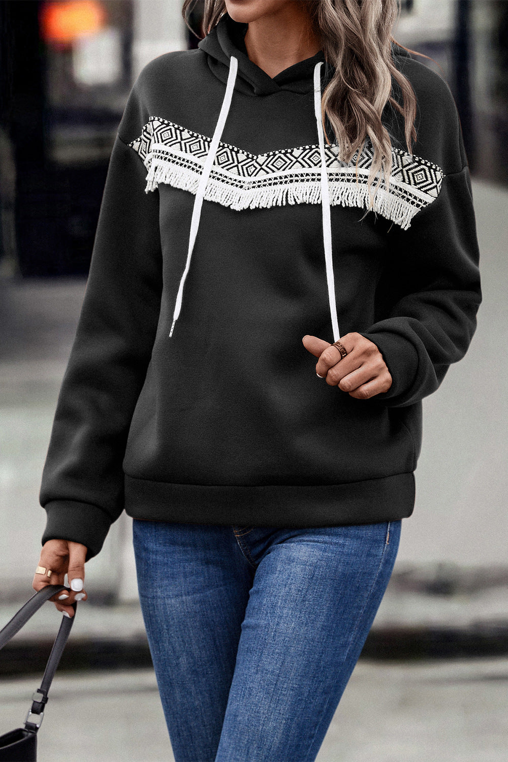 Contrast Fringe Detail Dropped Shoulder Hoodie-Teresa&#39;s Fashionista LLC