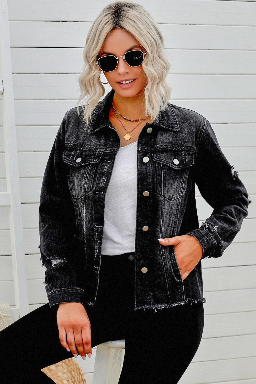 Distressed Raw Hem Denim Jacket-Teresa&#39;s Fashionista LLC