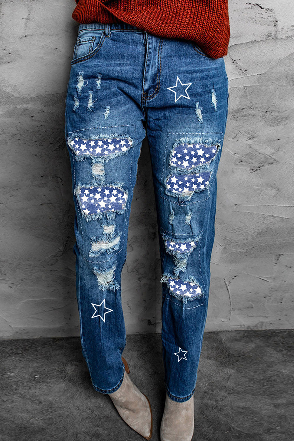 Printed Patch Distressed Boyfriend Jeans-Teresa&#39;s Fashionista LLC