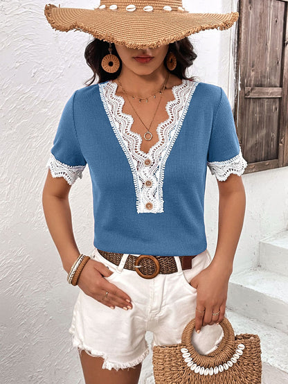 Decorative Button Spliced Lace Short Sleeve Top-Teresa&#39;s Fashionista LLC