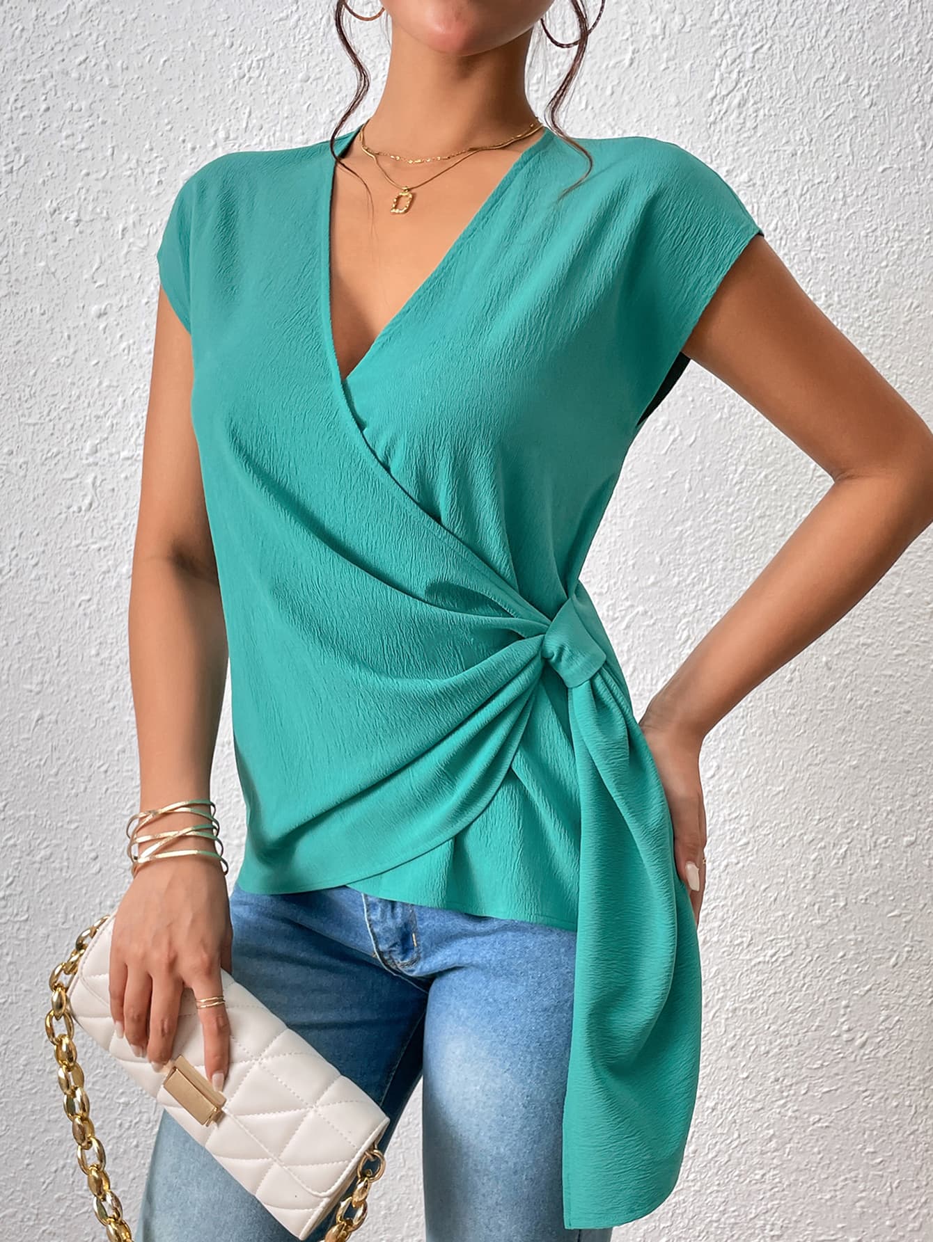 Tied Surplice Neck Short Sleeve Blouse-Teresa&#39;s Fashionista LLC