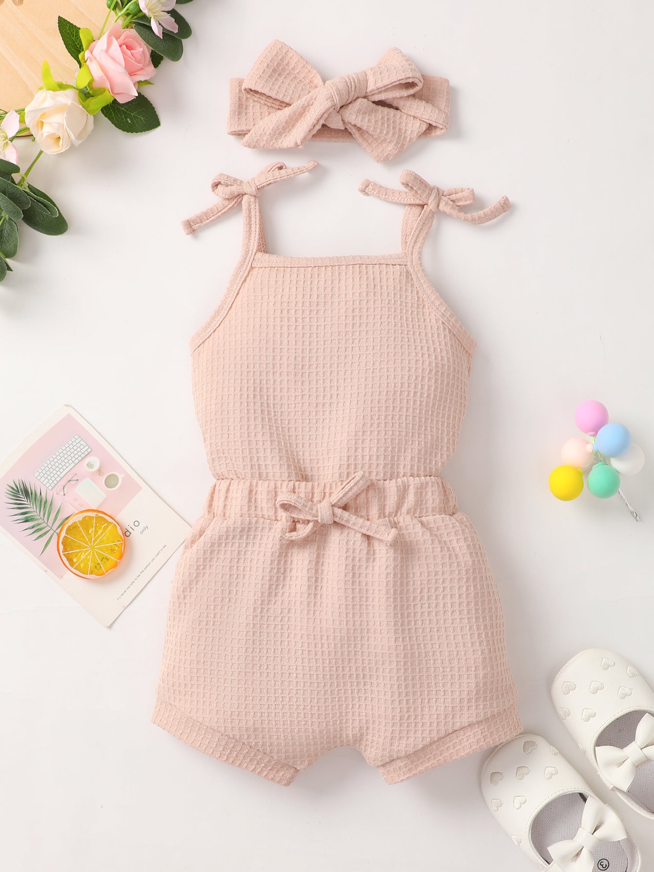 Baby Girl Waffle-Knit Tie-Shoulder Top and Shorts Set-Teresa&#39;s Fashionista LLC