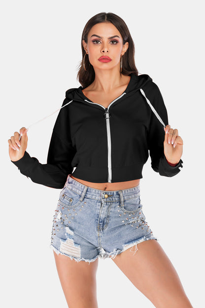 Side Stripe Drawstring Cropped Hooded Jacket-Teresa&#39;s Fashionista LLC