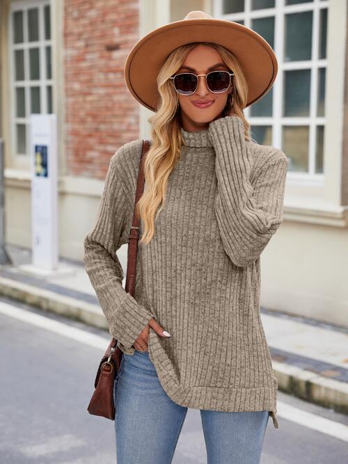 Ribbed Turtleneck Long Sleeve Slit Knit Top-Teresa&#39;s Fashionista LLC