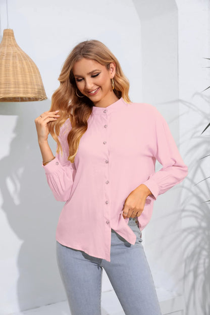 Mock Neck Buttoned Long Sleeve Shirt-Teresa&#39;s Fashionista LLC