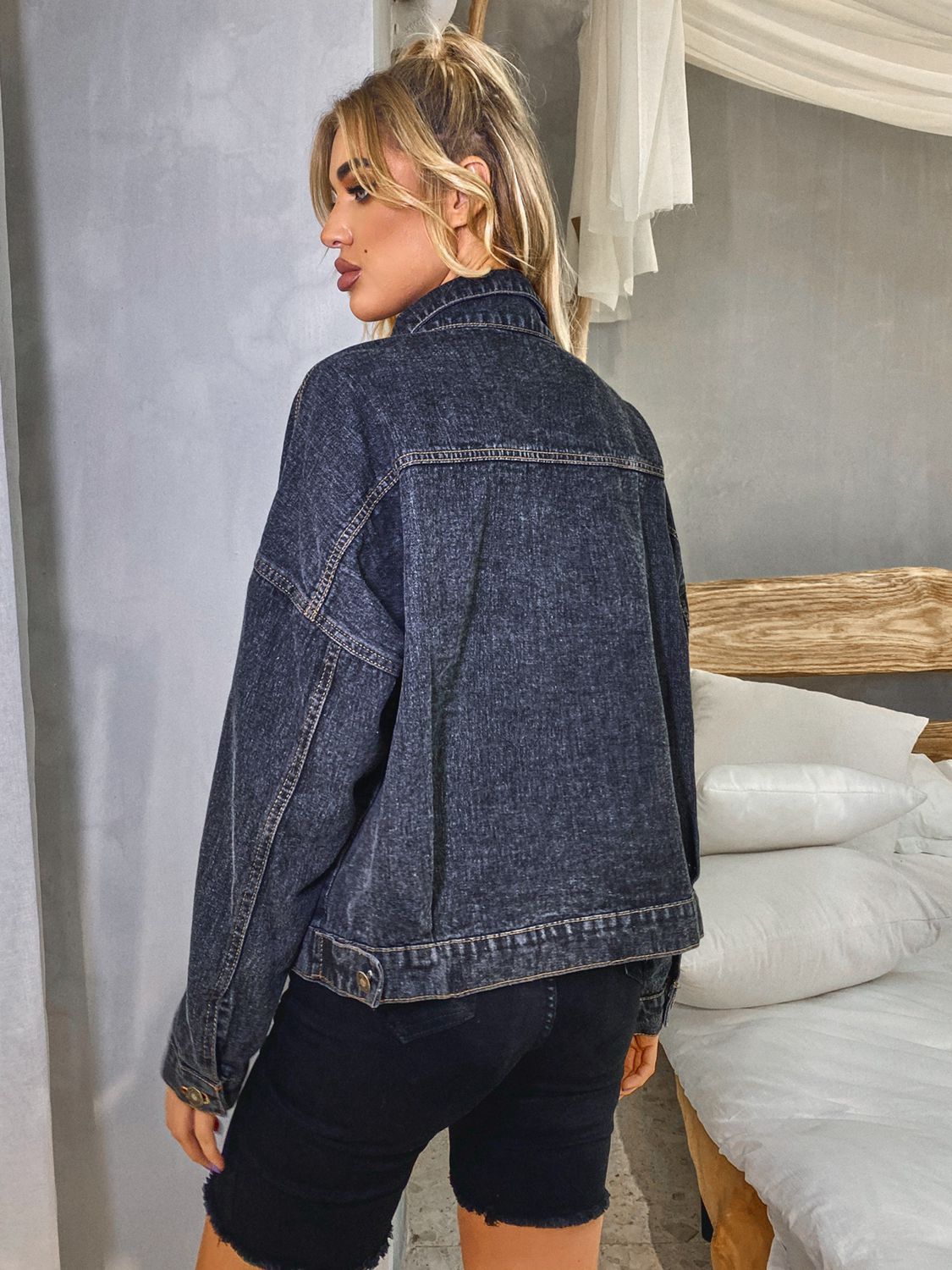 Collared Neck Dropped Shoulder Denim Jacket-Teresa&#39;s Fashionista LLC