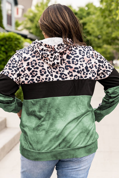 Plus Size Leopard Print Color Block Hoodie with Kangaroo Pocket-Teresa&#39;s Fashionista LLC