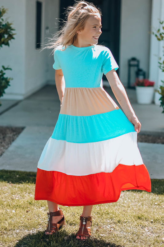 Girls Color Block Round Neck Maxi Dress - Teresa's Fashionista LLC