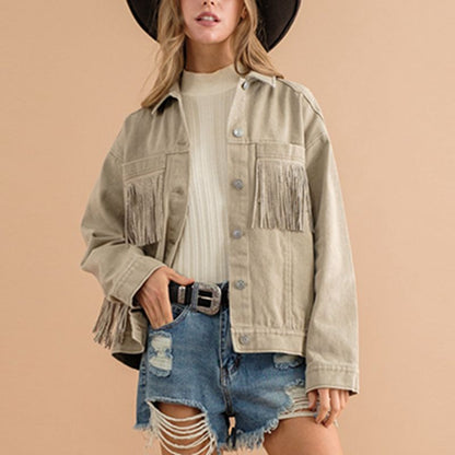 Fringe Detail Dropped Shoulder Denim Jacket-Teresa&#39;s Fashionista LLC