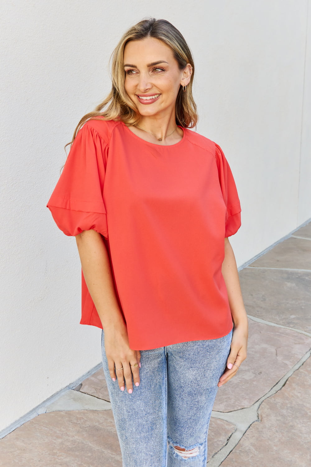 Petal Dew Sweet Innocence Full Size Puff Short Sleeve Top In Tomato-Teresa&#39;s Fashionista LLC