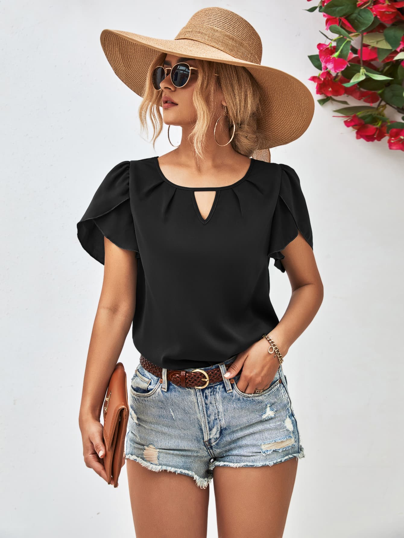 Cutout Round Neck Petal Sleeve Blouse-Teresa&#39;s Fashionista LLC