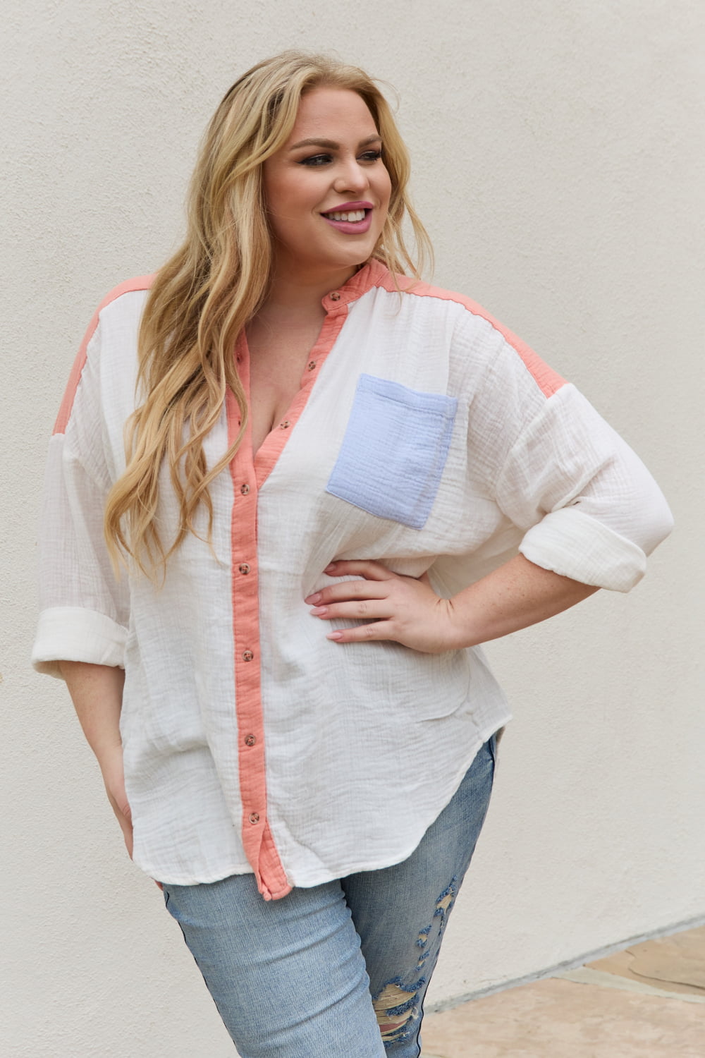 White Birch Full Size Color Block Woven Button Down Top-Teresa&#39;s Fashionista LLC