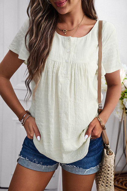 Quarter-Button Round Neck Short Sleeve Top-Teresa&#39;s Fashionista LLC