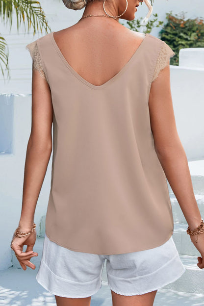 Lace Detail Eyelash Trim V-Neck Tank-Teresa&#39;s Fashionista LLC