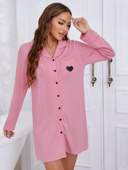 Heart Graphic Lapel Collar Long Sleeve Night Dress-Teresa&#39;s Fashionista LLC