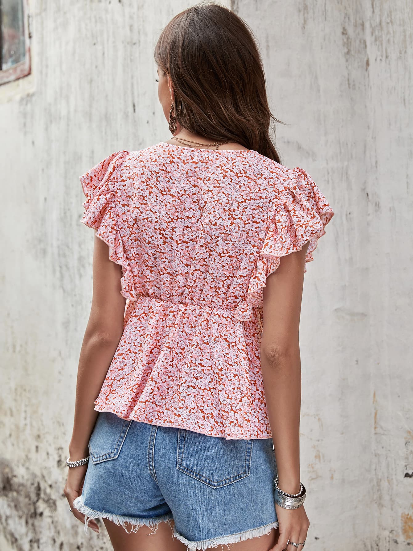 Floral Butterfly Sleeve V-Neck Peplum Blouse-Teresa&#39;s Fashionista LLC