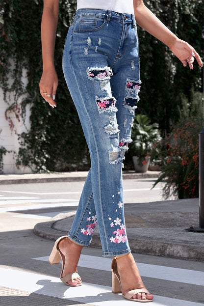 Printed Patch Distressed Boyfriend Jeans-Teresa&#39;s Fashionista LLC