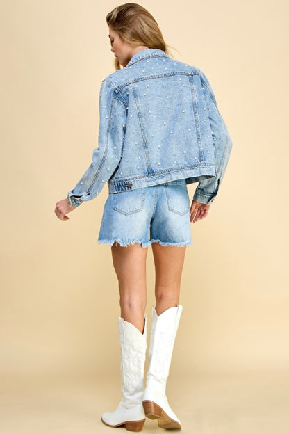 Veveret Button Up Pearl Detail Long Sleeve Denim Jacket-Teresa&#39;s Fashionista LLC