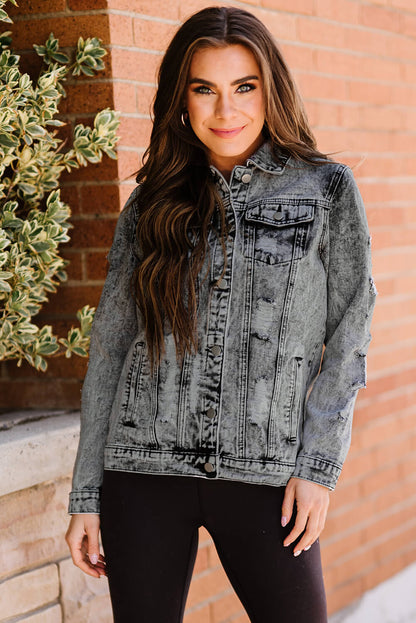 Acid Wash Distressed Denim Jacket-Teresa&#39;s Fashionista LLC